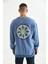 Erkek Mavi Asit Yıkama Sırt Baskı Detaylı Sweatshirtt 4