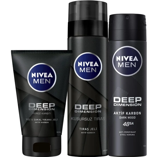 Nivea Men Deep Sakal ve Yüz Jeli + Men Deep Tıraş Jeli 200 ml + Men Deep Dimension Sprey Deodorant