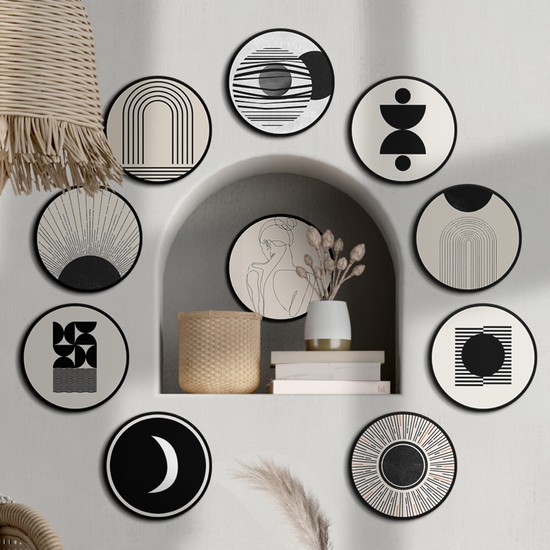Özcanlar Çerçeve Çerçevesiz Yuvarlak Kesim 10 Parça Mdf Tablo Seti Çoklu Çerçeve Seti Mdf Baskı 12 x 12 cm