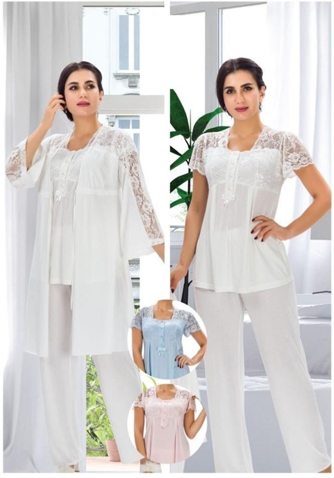Duchesse 3008 Ecru Hamile Lohusa 3 Lü Pijama Sabahlık Takımı görsel 4
