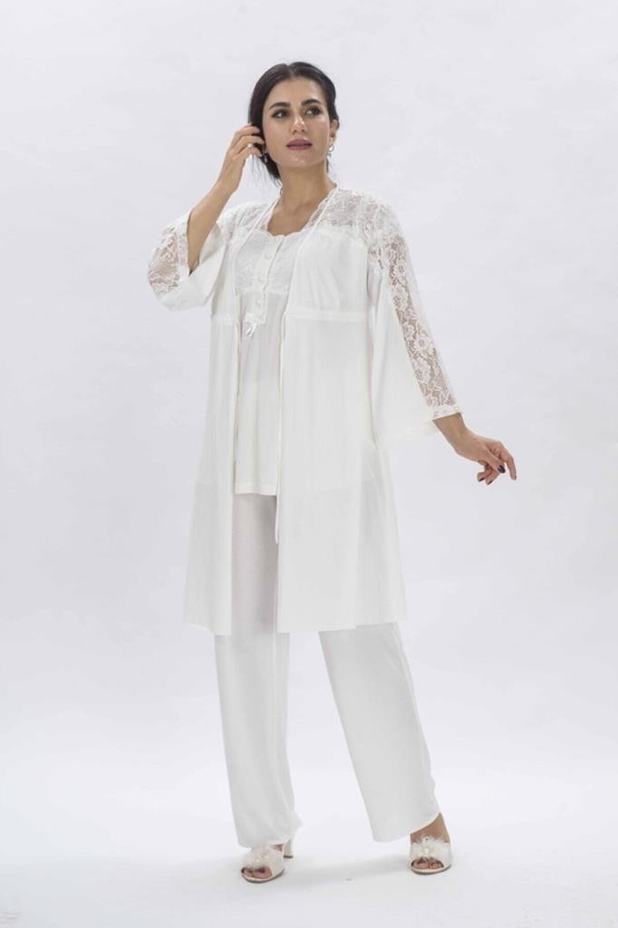 Duchesse 3008 Ecru Hamile Lohusa 3 Lü Pijama Sabahlık Takımı görsel 3