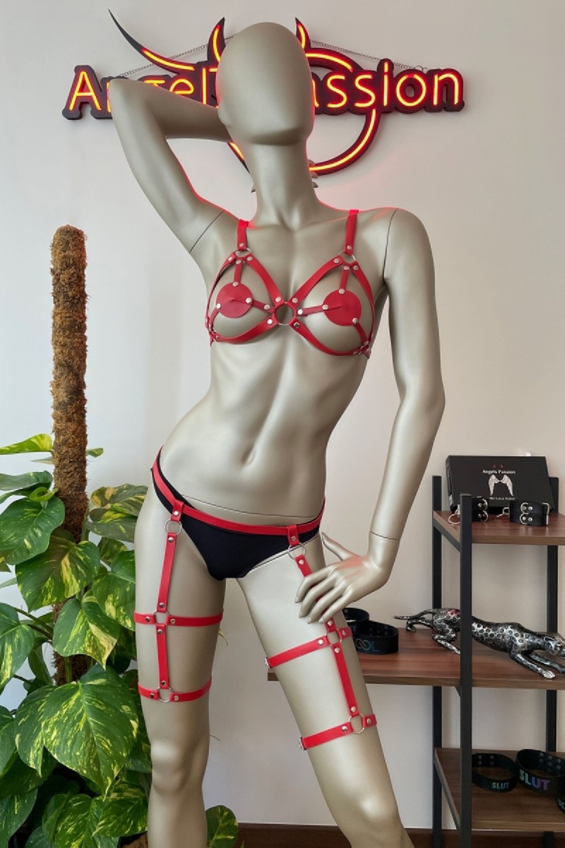 100100e Kırmızı Deri Jartiyer Harness Sütyen Takım görsel 8