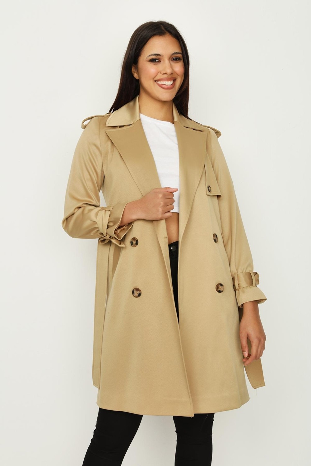 Select Moda Kadın Select Moda Uzun Trençkot Kahverengi Kol Detaylı %100 Polyester Malzeme ile Şık Tasarım