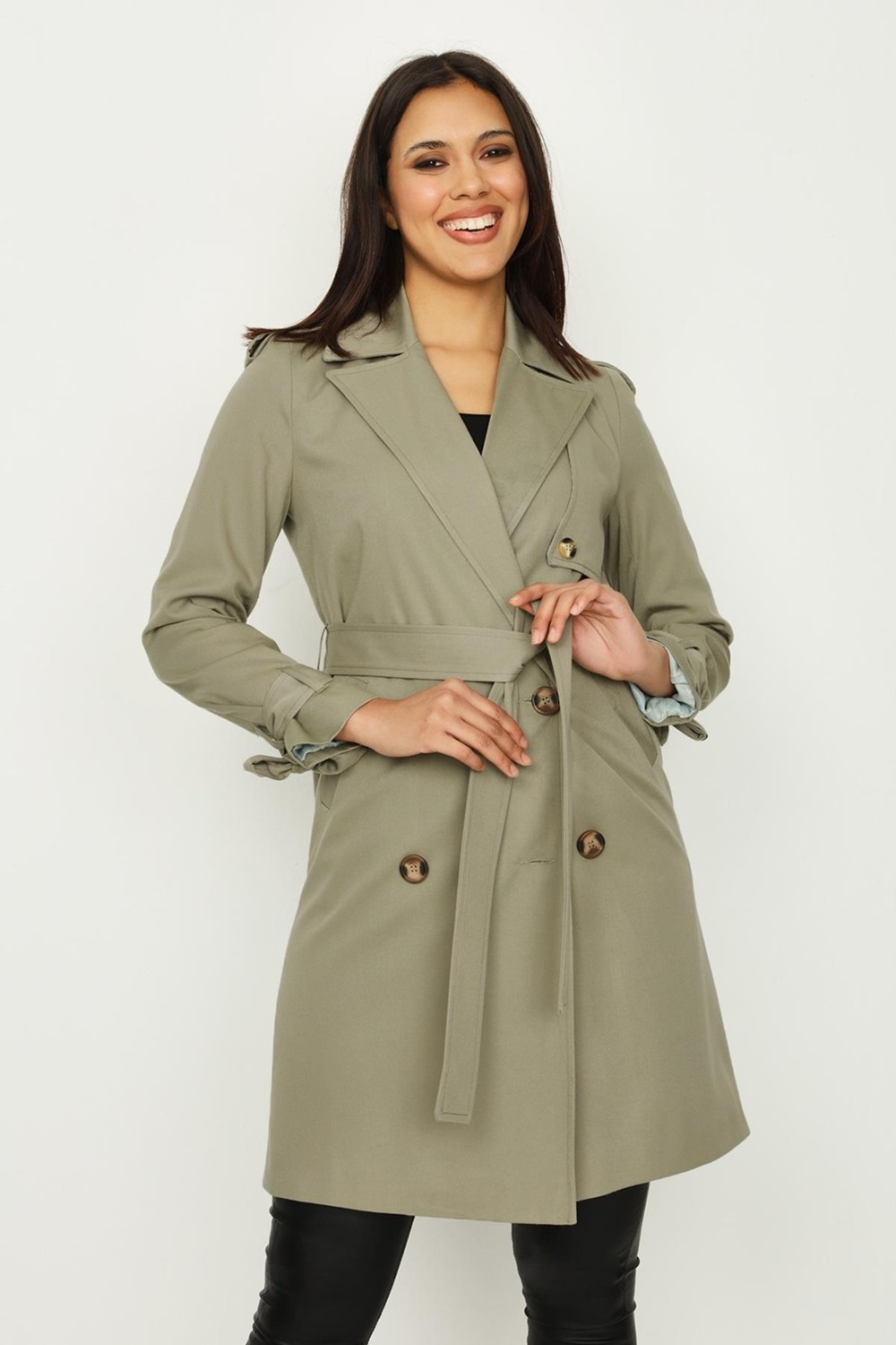 Select Moda Kadın Select Moda Uzun Trençkot Kahverengi Kol Detaylı %100 Polyester Malzeme ile Şık Tasarım