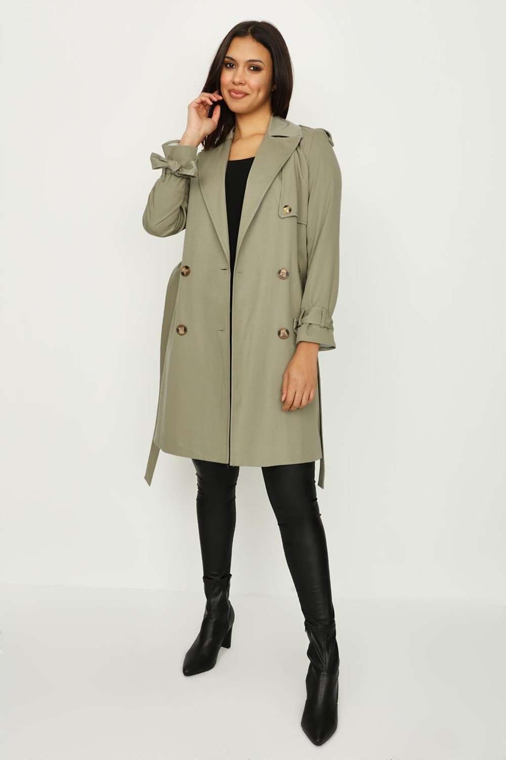 Select Moda Kadın Select Moda Uzun Trençkot Kahverengi Kol Detaylı %100 Polyester Malzeme ile Şık Tasarım görsel 5