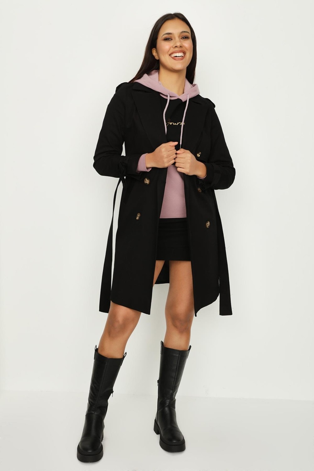 Select Moda Kadın Select Moda Uzun Trençkot Kahverengi Kol Detaylı %100 Polyester Malzeme ile Şık Tasarım