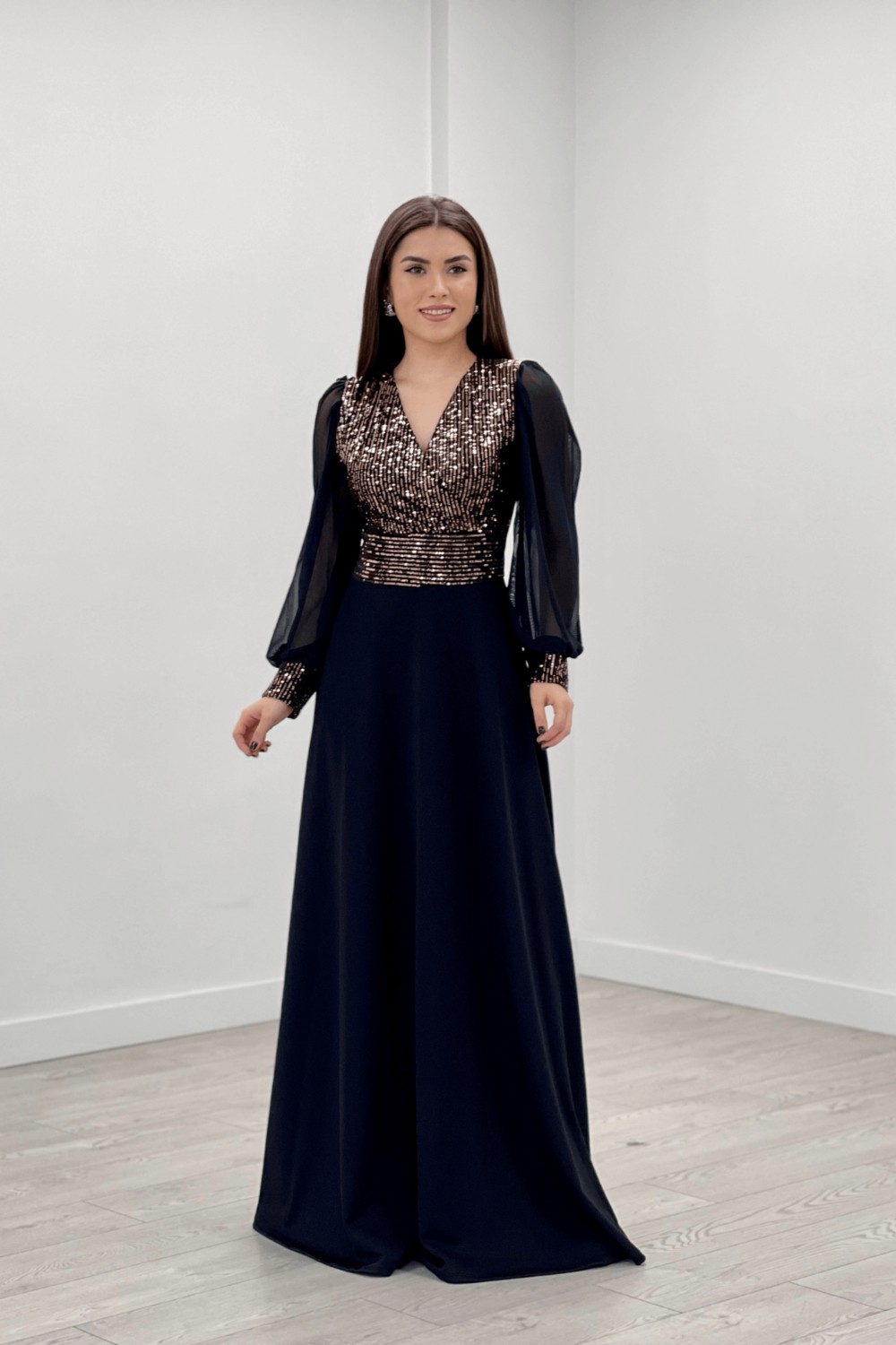Giyimmasalı Payet Kumaş Kolları Tül Abiye Elbise - Siyah görsel 6