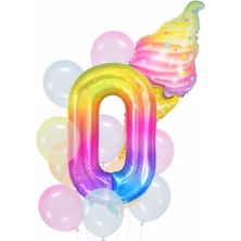 Parti Station Gökkuşağı Rakam ve Dondurma Balon Set Balon Folyo Set Konsept Doğum Günü Set Yaş Balon Set