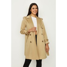 Kadın Select Moda Uzun Trençkot Kahverengi Kol Detaylı %100 Polyester Malzeme ile Şık Tasarım