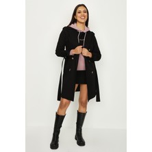 Select Moda Kadın Siyah Kol Detaylı Kuşaklı Uzun Trençkot %100 Polyester Malzeme