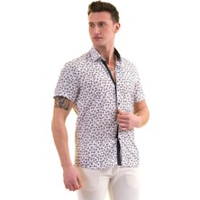 Exve Exclusive Beyaz Üzerine Siyah Gri Çiçek Baskılı Pamuk Slim Fit Kısa Kollu Erkek Gömlek