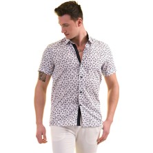Exve Exclusive Beyaz Üzerine Siyah Gri Çiçek Baskılı Pamuk Slim Fit Kısa Kollu Erkek Gömlek