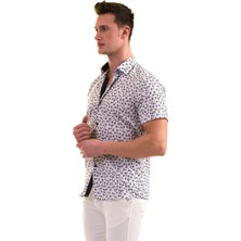 Exve Exclusive Beyaz Üzerine Siyah Gri Çiçek Baskılı Pamuk Slim Fit Kısa Kollu Erkek Gömlek