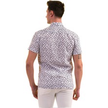 Exve Exclusive Beyaz Üzerine Siyah Gri Çiçek Baskılı Pamuk Slim Fit Kısa Kollu Erkek Gömlek