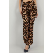 Kasheha Kahverengi Süet Kumaş Leopar Desenli Yüksek Bel Likralı Ispanyol Paça Pantolon - KSH00236
