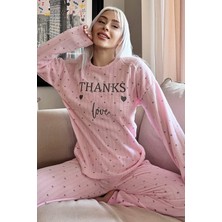 Pijama Evi Toz Pembe Thanks Desenli Peluş Polar Pijama Takımı