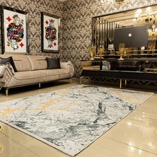 Araz Deco Altın Gri Dağınık Çerçeve Desenli Kaymaz Taban Örgü Dokuma Halı