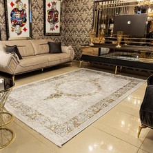 Araz Deco Altın Dağınık Çerçeve Desenli Kaymaz Taban Örgü Dokuma Halı