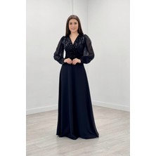 giyimmasalı Payet Kumaş Kolları Tül Abiye Elbise - Siyah