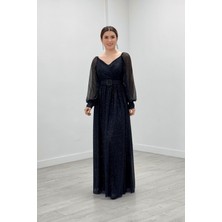 giyimmasalı Simli Kumaş Kemerli Abiye Elbise - Siyah