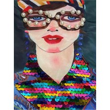 Gönülden Tasarım 26X20 cm Pul Payetli Inci Boncuk Gözlüklü Kadın  Aplike Yama Arma Aksesuar