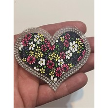 Gönülden Tasarım 6x8 cm cm Ütü Ile Yapışan Zirkon Taşlı Çiçekli Kalp Aplike Yama Arma