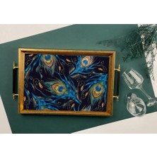 Sembol 50X31CM Kulplu Gold Tavuskuşu Tüyü Desenli Ahşap/cam Tepsi A-1018