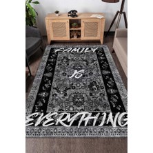 Homshtag Aile Herşeydir Siyah Gri Renkli Halı Etnik Desenli Salon Halısı Çiçekli Dekoratif Halı