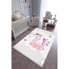 10 Post Online Çocuk Odası Halısı Gri Pembe Unicorn Yolluk Kaymaz Yuvarlak Oval Kesme Ince Yıkanabilir Halı