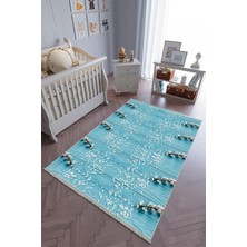 10 Post Online Çocuk Odası Halısı Mavi Yolluk Kaymaz Yuvarlak Oval Kesme Ince Yıkanabilir Halı