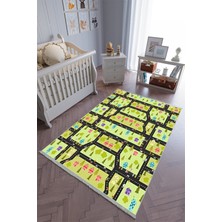 10 Post Online Çocuk Odası Halısı Yeşil Siyah Yolluk Kaymaz Yuvarlak Oval Kesme Ince Yıkanabilir Halı