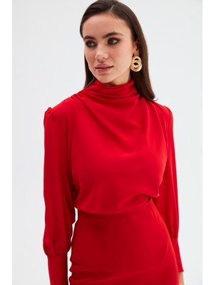 Sateen Drape Detaylı  Bluz - Kırmızı