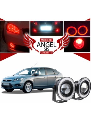 STS Oto Aksesuar Ford Focus 2,5 Uyumlu, Universal Mercekli LED Angel Sis Farı, 76MM Kırmızı Renk