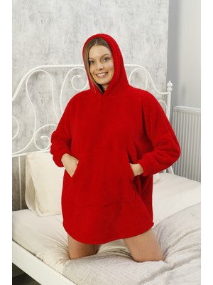 Luna Mare Kapüşonlu Oversize Peluş Welsoft Traşlı Kumaş Sweat Panço Battaniye Giyilebilir Kışlık Pijama