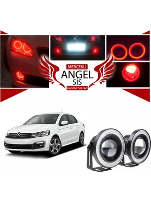STS Oto Aksesuar Citroen C Elysee Uyumlu, Universal Mercekli LED Angel Sis Farı, 76MM Kırmızı Renk