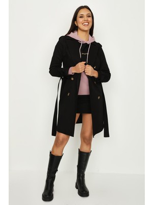 Select Moda Kadın Kol Detaylı Kuşaklı Uzun Trençkot