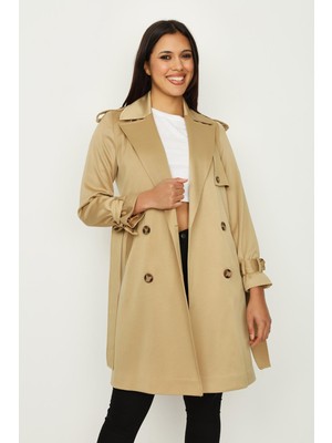 Select Moda Kadın Kol Detaylı Kuşaklı Uzun Trençkot