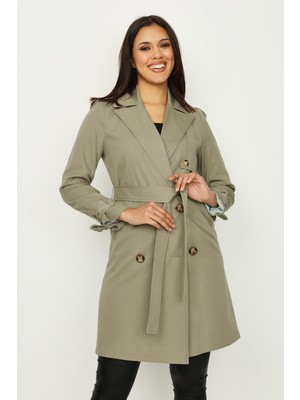 Select Moda Kadın Haki Renk Kol Detaylı Kuşaklı Uzun Trençkot  Polyester Malzeme