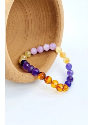 Sertifikalı Ametist, Dönüşümlü Sitrin, Kunzit, Kehribar Doğal Taş Bileklik 8 mm