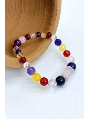 Sertifikalı Dönüşümlü Sitrin, Ametist, Pembe ve Kristal Kuvars, Akik Doğal Taş Bileklik 8 mm