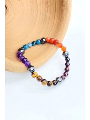 Sertifikalı Apatit, Ametist, Kaplan Gözü, Lal Granat, Madagaskar Akik, Hematit Doğal Taş Bileklik 6 mm