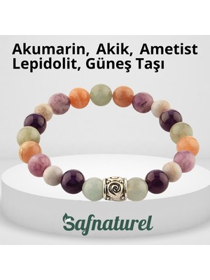 Safnaturel Akumarin, Akik, Ametist Lepidolit, Güneş Taşı Doğal Taş Bileklik 8 mm