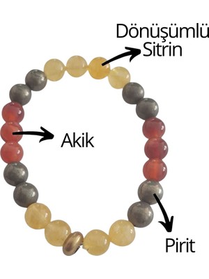 Sertifikalı Pirit, Dönüşümlü Sitrin, Akik Doğal Taş Bileklik 8 mm