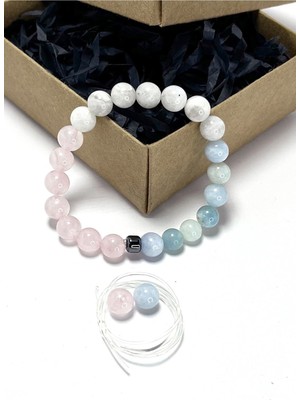 Sertifikalı Ay Taşı, Akuamarin, Pembe Kuvars Doğal Taş 8 mm Bileklik