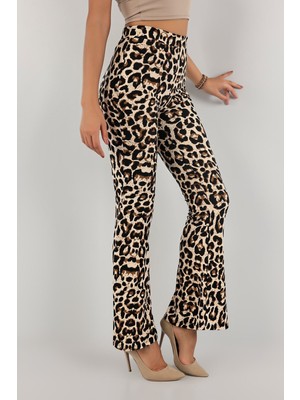 Kasheha Siyah-Beyaz Süet Kumaş Dalmaçya Desenli Yüksek Bel Likralı Ispanyol Paça Pantolon - KSH00236