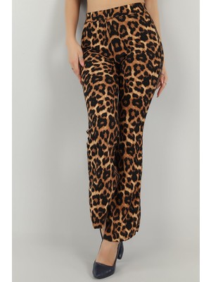 Kasheha Kahverengi Süet Kumaş Leopar Desenli Yüksek Bel Likralı Ispanyol Paça Pantolon - KSH00236