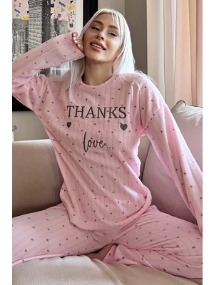 Pijama Evi Toz Pembe Thanks Desenli Peluş Polar Pijama Takımı