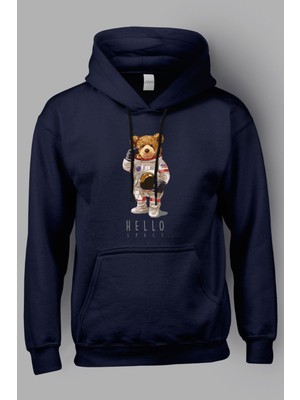 MGAX Sevimli Ayı Hello Space Baskılı Kapüşonlu Sweatshirt