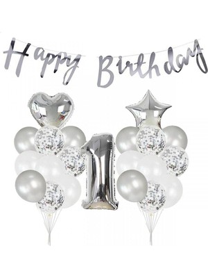 Çıtı Pıtı Store 1 Yaş Gümüş Happy Bırthday Balon Seti