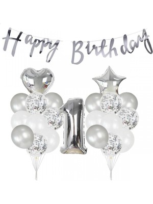 Çıtı Pıtı Store 1 Yaş Gümüş Happy Bırthday Balon Seti
